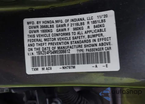 2021 Honda Insight Ex из США, поврежденный, VIN 19XZE4F54ME006612